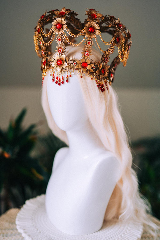 Royal Gold Baroque Crown Red Gem Queen Headpiece Regal Filigree Chain Drape Beaded Fringe Floral Tiara Statement Headdress