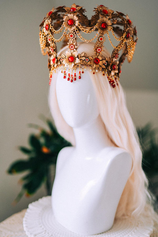 Royal Gold Baroque Crown Red Gem Queen Headpiece Regal Filigree Chain Drape Beaded Fringe Floral Tiara Statement Headdress