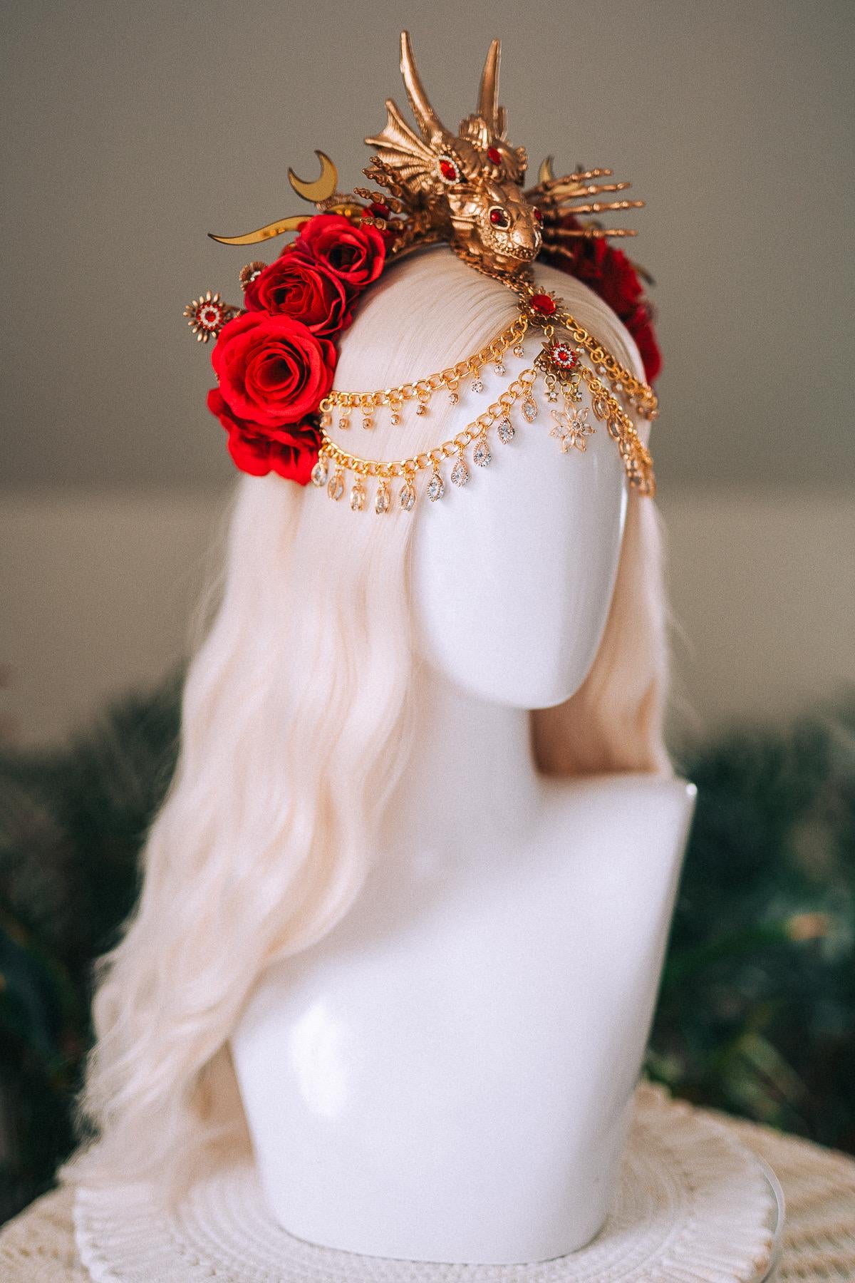 Dragon Queen Crown, Game Of Thrones Tiara, Gold Dragon Headpiece, Red Rose Crown, Daenerys Costume, Fantasy Queen Tiara, Halloween Headdress