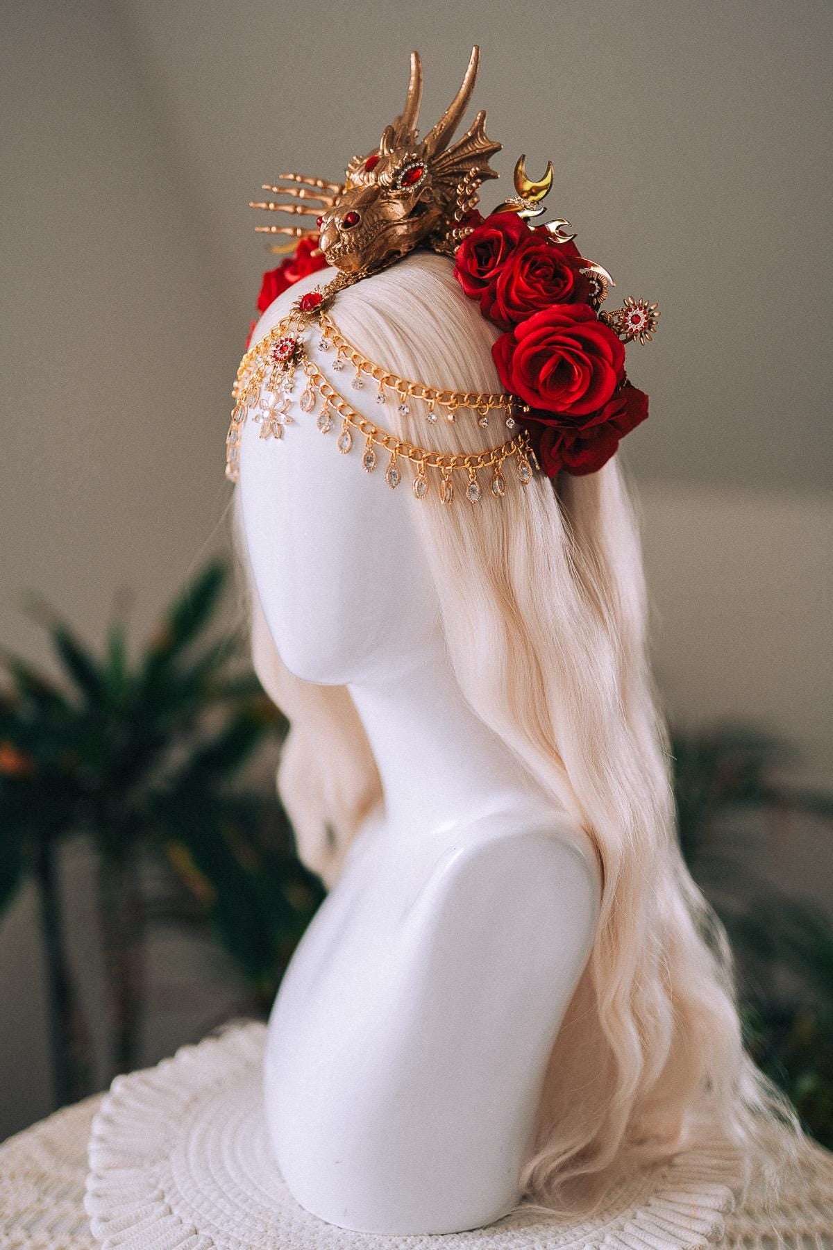 Dragon Queen Crown, Game Of Thrones Tiara, Gold Dragon Headpiece, Red Rose Crown, Daenerys Costume, Fantasy Queen Tiara, Halloween Headdress