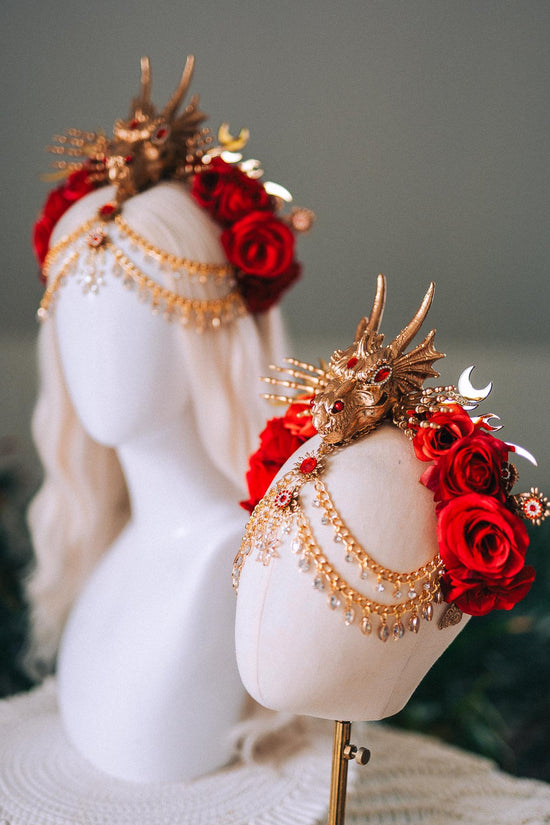 Dragon Queen Crown, Game Of Thrones Tiara, Gold Dragon Headpiece, Red Rose Crown, Daenerys Costume, Fantasy Queen Tiara, Halloween Headdress