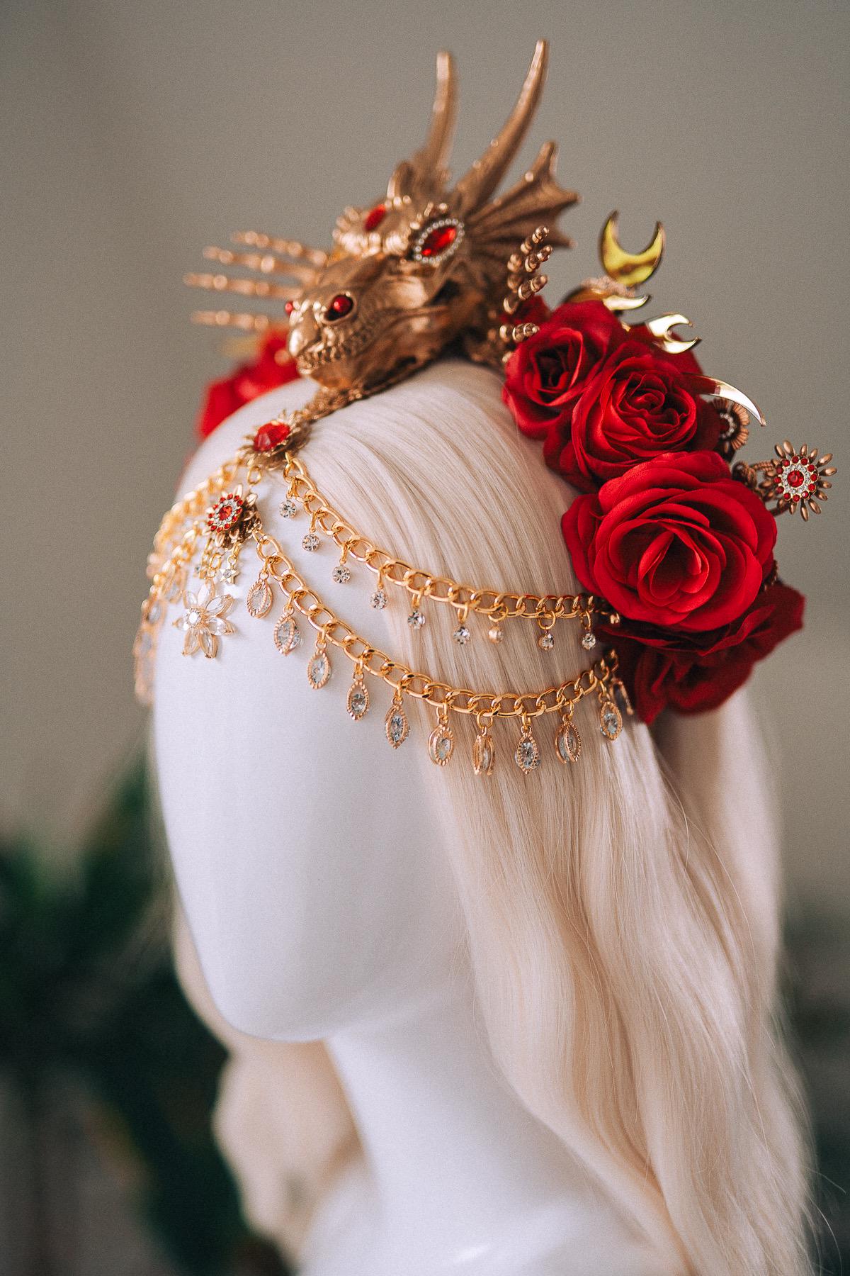 Dragon Queen Crown, Game Of Thrones Tiara, Gold Dragon Headpiece, Red Rose Crown, Daenerys Costume, Fantasy Queen Tiara, Halloween Headdress