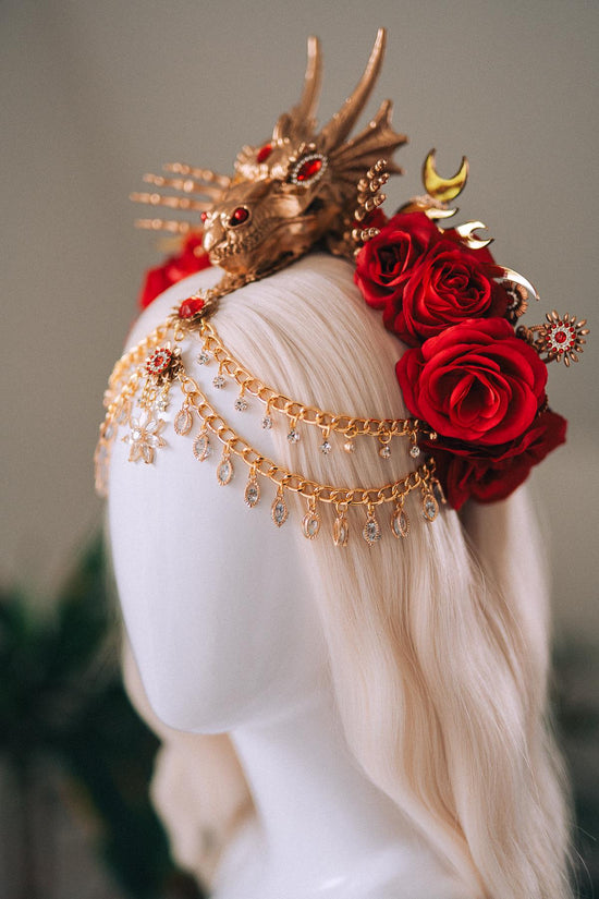 Dragon Queen Crown, Game Of Thrones Tiara, Gold Dragon Headpiece, Red Rose Crown, Daenerys Costume, Fantasy Queen Tiara, Halloween Headdress