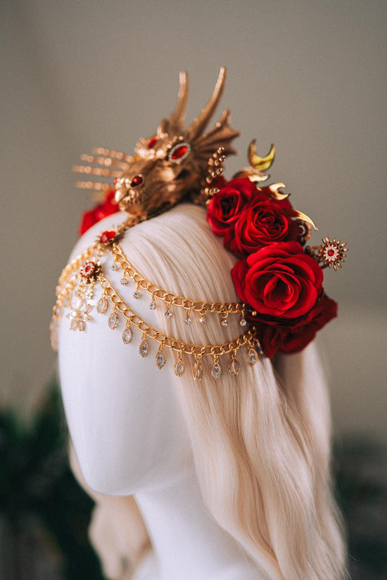 Dragon Queen Crown, Game Of Thrones Tiara, Gold Dragon Headpiece, Red Rose Crown, Daenerys Costume, Fantasy Queen Tiara, Halloween Headdress