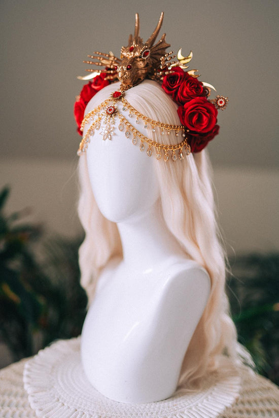 Dragon Queen Crown, Game Of Thrones Tiara, Gold Dragon Headpiece, Red Rose Crown, Daenerys Costume, Fantasy Queen Tiara, Halloween Headdress