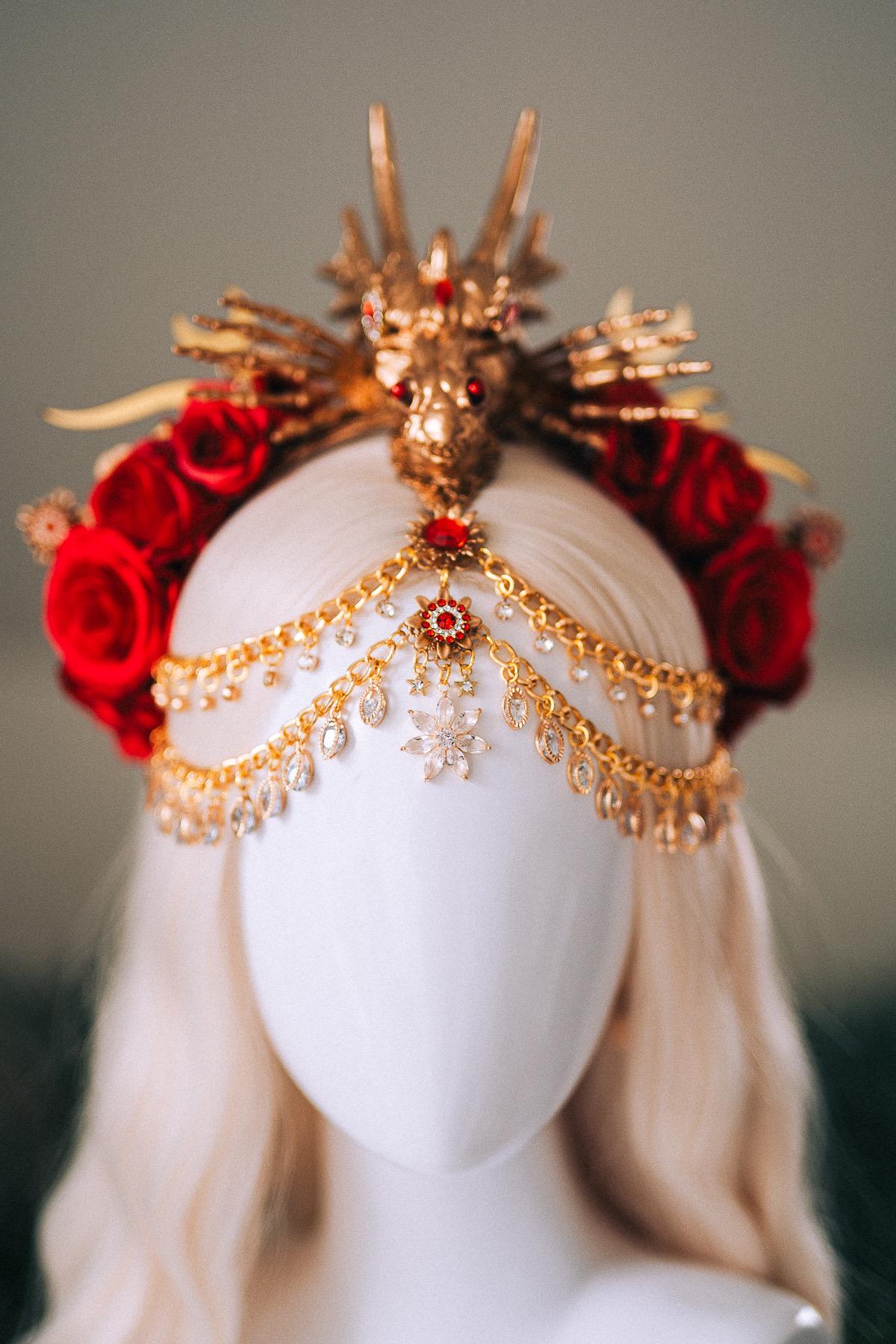 Dragon Queen Crown, Game Of Thrones Tiara, Gold Dragon Headpiece, Red Rose Crown, Daenerys Costume, Fantasy Queen Tiara, Halloween Headdress