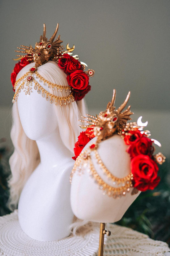 Dragon Queen Crown, Game Of Thrones Tiara, Gold Dragon Headpiece, Red Rose Crown, Daenerys Costume, Fantasy Queen Tiara, Halloween Headdress