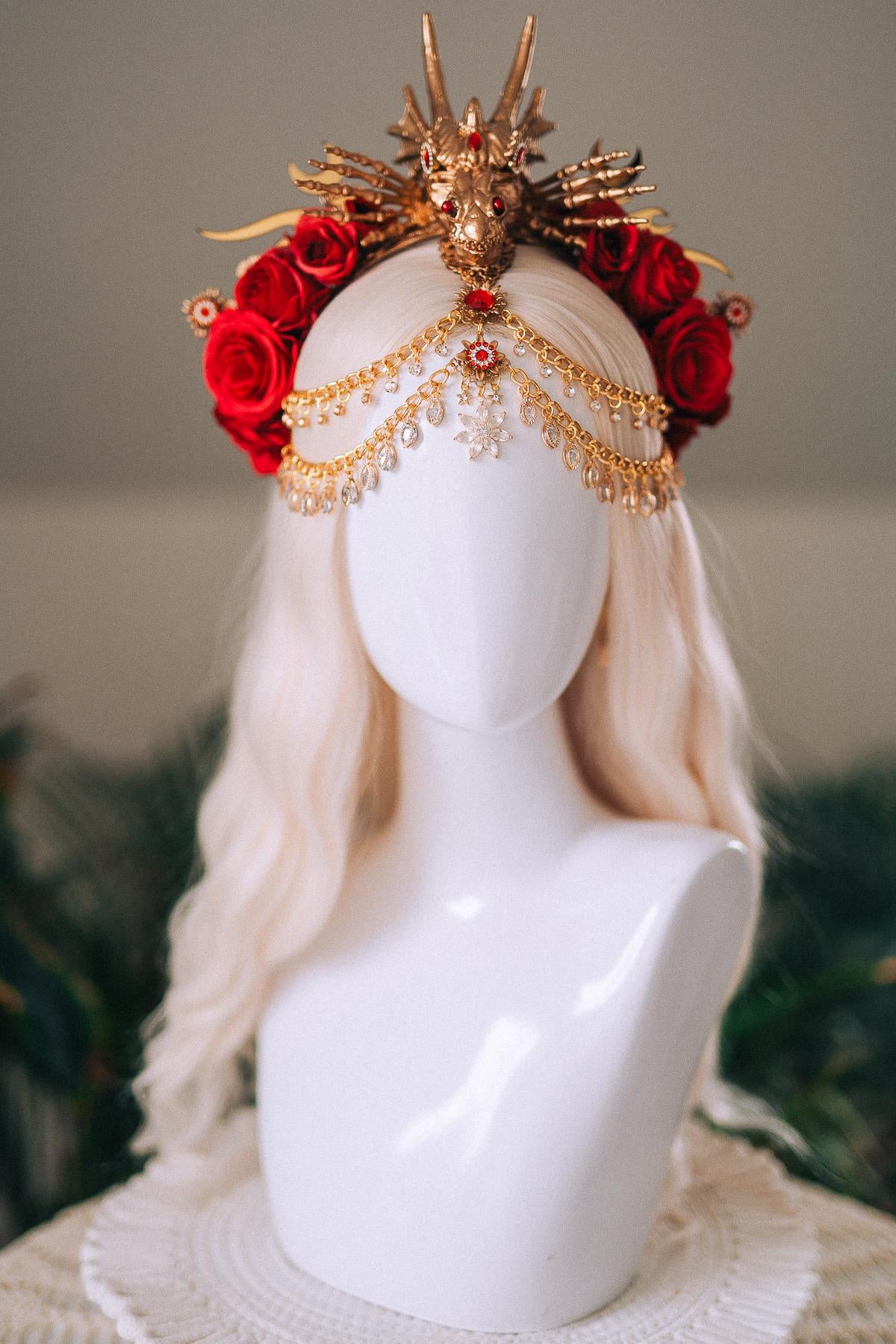 Dragon Queen Crown, Game Of Thrones Tiara, Gold Dragon Headpiece, Red Rose Crown, Daenerys Costume, Fantasy Queen Tiara, Halloween Headdress