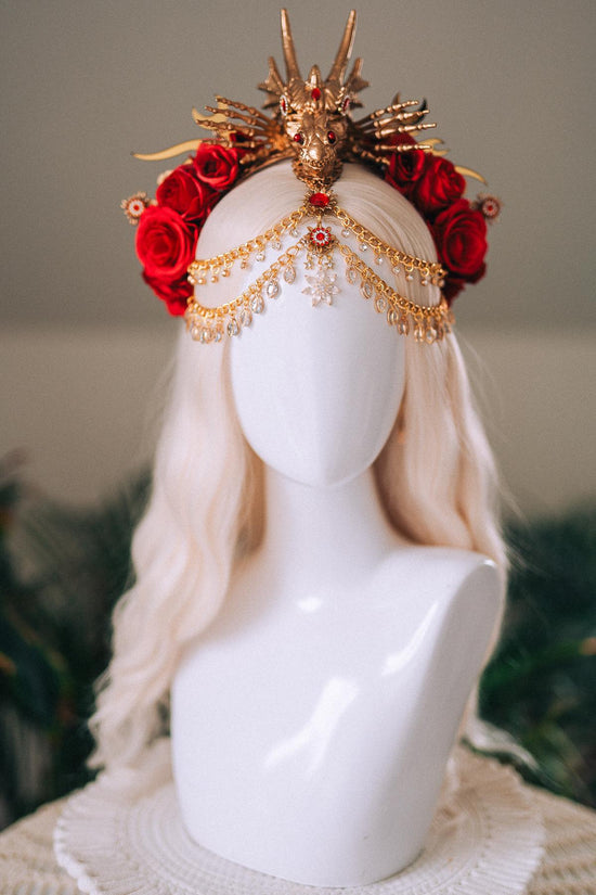 Dragon Queen Crown, Game Of Thrones Tiara, Gold Dragon Headpiece, Red Rose Crown, Daenerys Costume, Fantasy Queen Tiara, Halloween Headdress