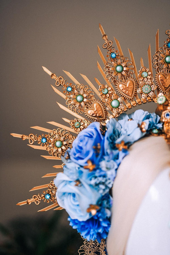 La Catrina Blue Gold Halo Crown Turquoise Gem Floral Headpiece Sacred Heart Skull Goddess Tiara Dia De Los Muertos Crown