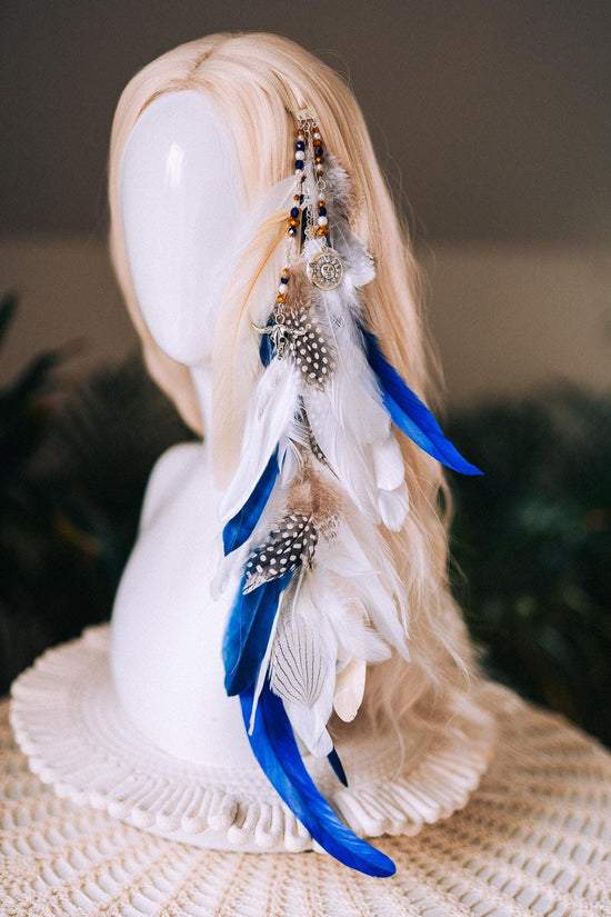 Blue and White Feather Hair Clip, Boho Festival Hairpiece, Natural Feather Hair Accessory, Handmade Carnival Hair Clip, Statement Hairpiece