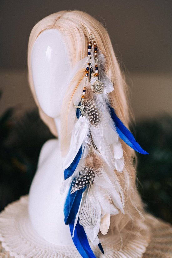 Blue and White Feather Hair Clip, Boho Festival Hairpiece, Natural Feather Hair Accessory, Handmade Carnival Hair Clip, Statement Hairpiece