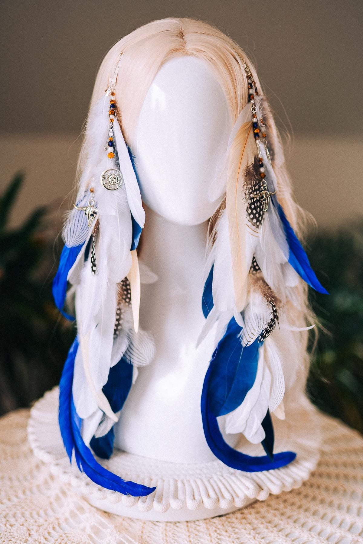 Blue and White Feather Hair Clip, Boho Festival Hairpiece, Natural Feather Hair Accessory, Handmade Carnival Hair Clip, Statement Hairpiece