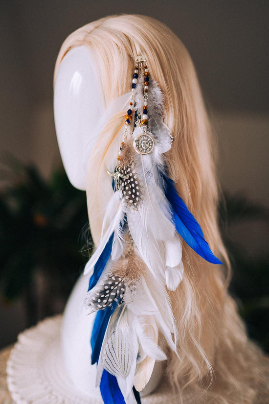 Blue and White Feather Hair Clip, Boho Festival Hairpiece, Natural Feather Hair Accessory, Handmade Carnival Hair Clip, Statement Hairpiece