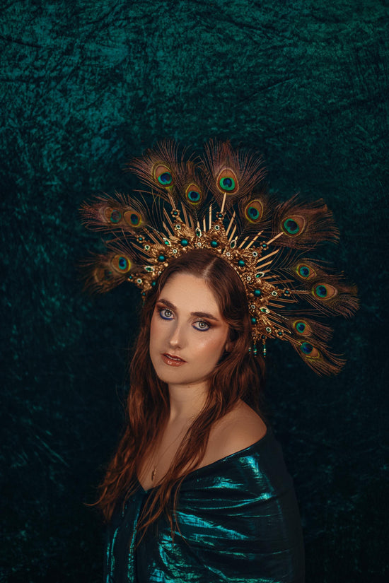 Peacock Halo Crown, Gold Goddess Headpiece, Festival Tiara, Bridal Halo, Maternity Photoshoot, Carnival Costume, Statement Feather Crown