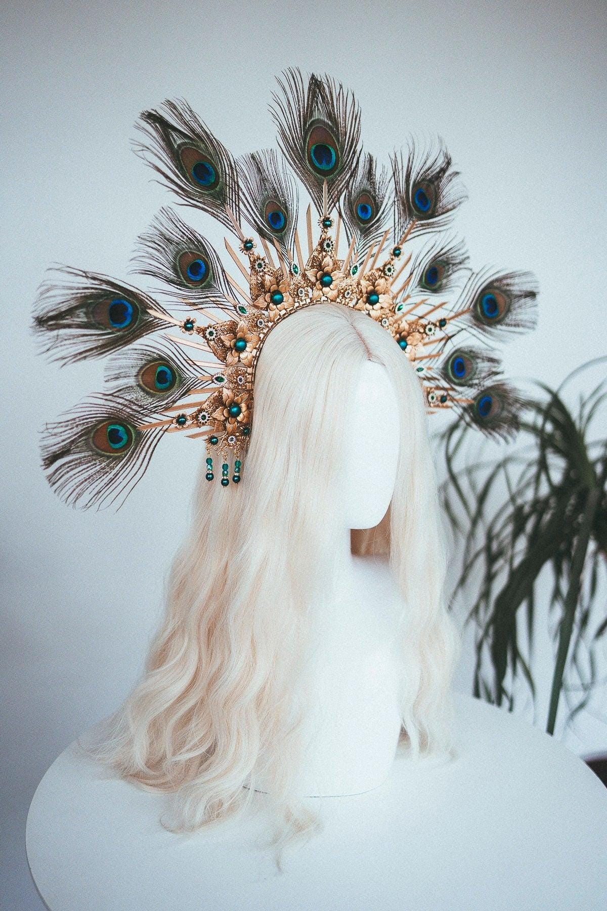 Peacock Halo Crown, Gold Goddess Headpiece, Festival Tiara, Bridal Halo, Maternity Photoshoot, Carnival Costume, Statement Feather Crown