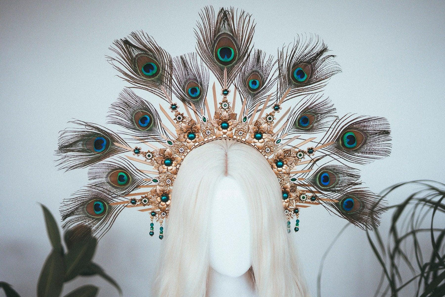 Peacock Halo Crown, Gold Goddess Headpiece, Festival Tiara, Bridal Halo, Maternity Photoshoot, Carnival Costume, Statement Feather Crown