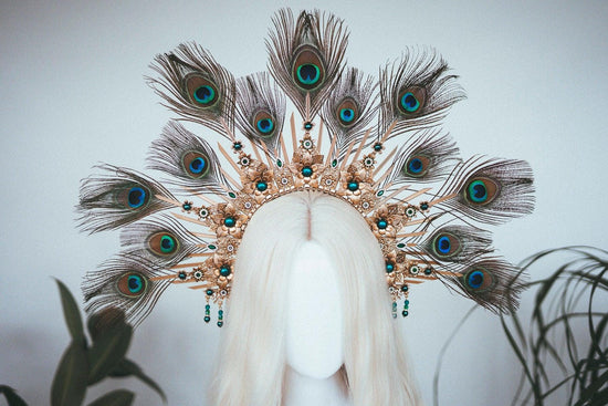 Peacock Halo Crown, Gold Goddess Headpiece, Festival Tiara, Bridal Halo, Maternity Photoshoot, Carnival Costume, Statement Feather Crown