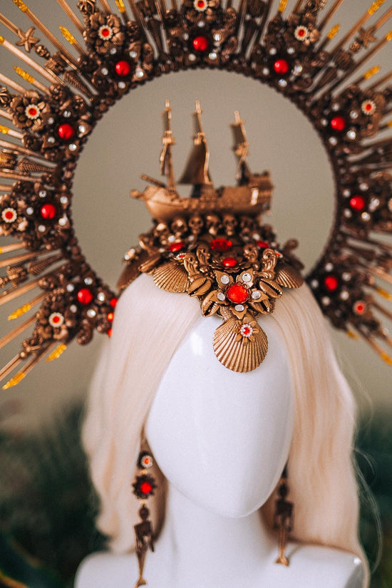 Gold Pirate Ship Halo Crown With Earrings Red Gem Skull Headpiece Ocean Goddess Costume Sea Queen Crown Fantasy Festival Headpiece