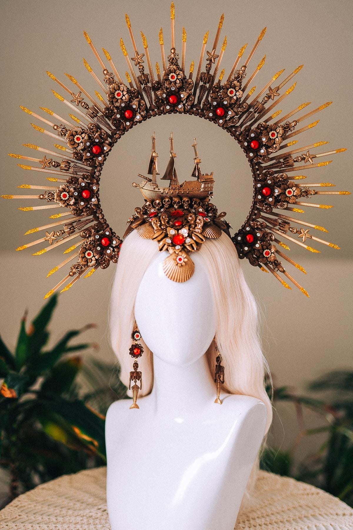 Gold Pirate Ship Halo Crown With Earrings Red Gem Skull Headpiece Ocean Goddess Costume Sea Queen Crown Fantasy Festival Headpiece
