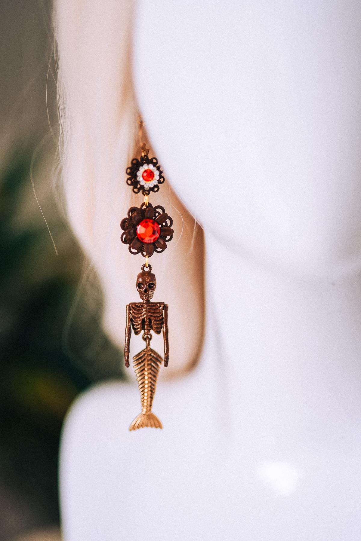Gold Pirate Skull Earrings Red Gem Ocean Goddess Jewelry Gothic Baroque Statement Earrings Fantasy Festival Halloween Accessory