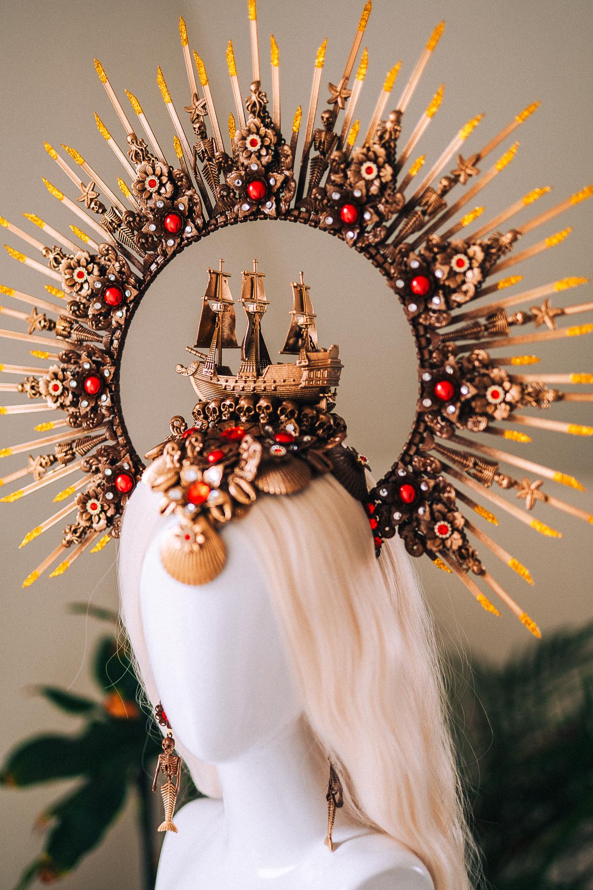 Gold Pirate Skull Earrings Red Gem Ocean Goddess Jewelry Gothic Baroque Statement Earrings Fantasy Festival Halloween Accessory