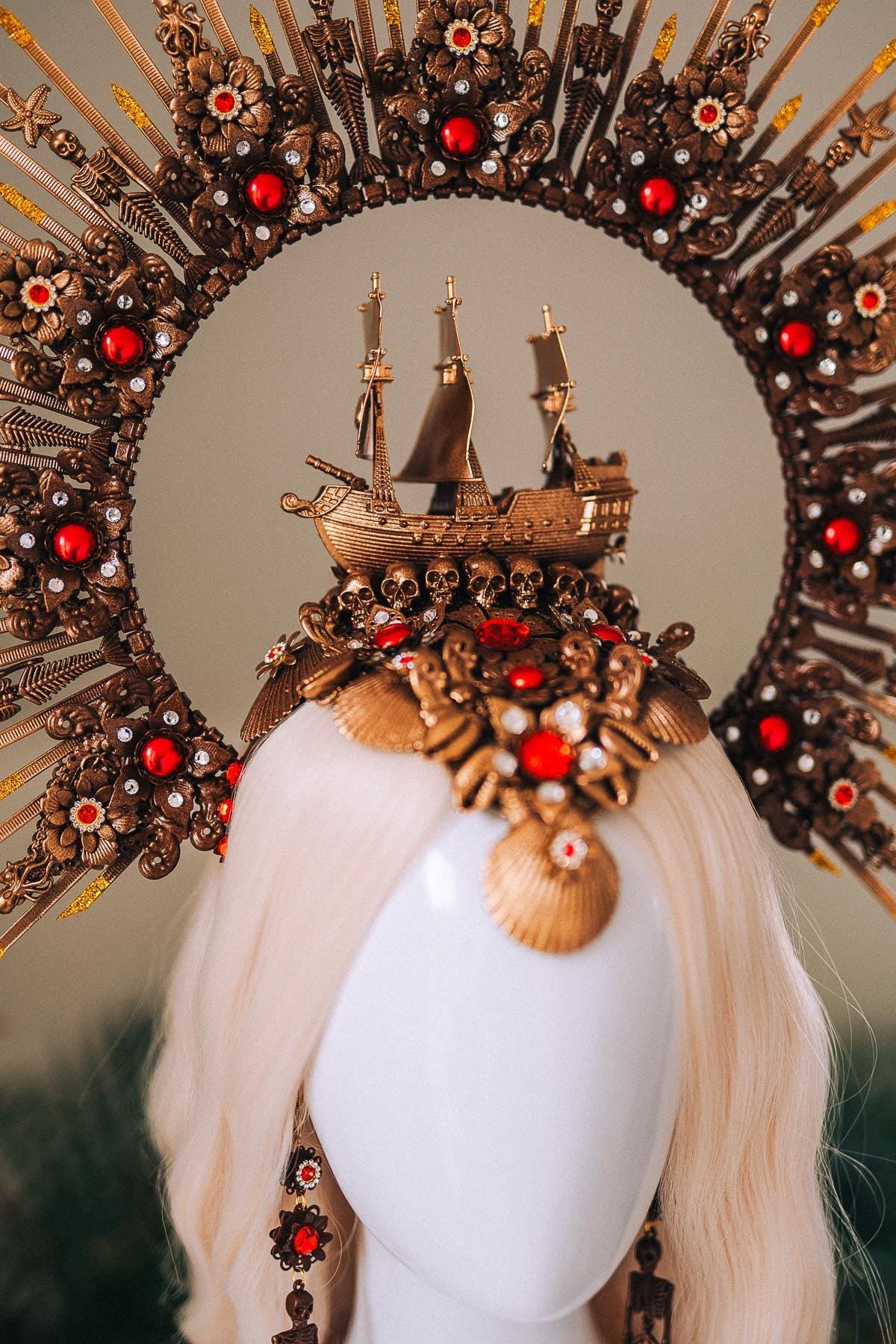 Gold Pirate Skull Earrings Red Gem Ocean Goddess Jewelry Gothic Baroque Statement Earrings Fantasy Festival Halloween Accessory