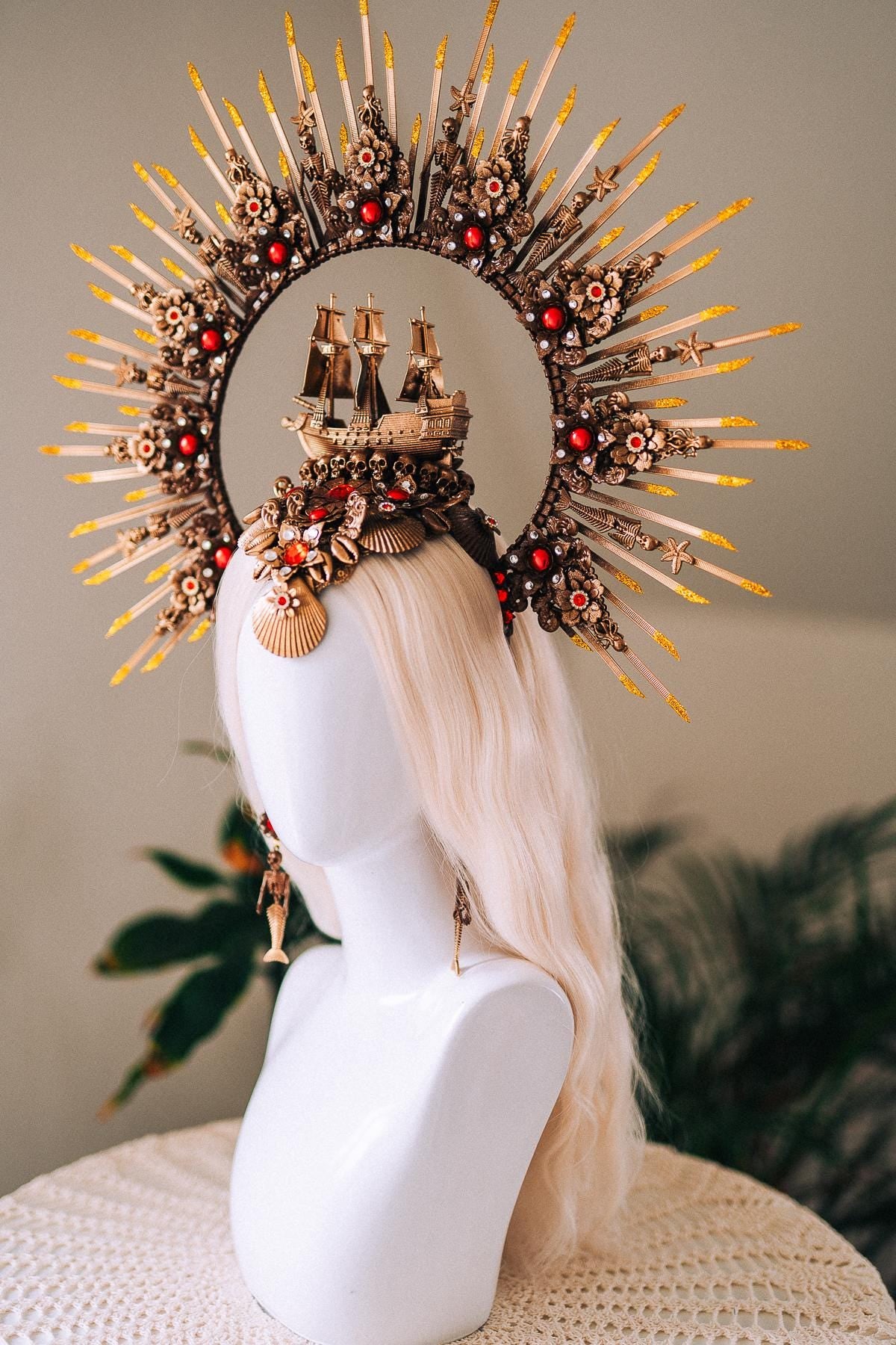 Gold Pirate Skull Earrings Red Gem Ocean Goddess Jewelry Gothic Baroque Statement Earrings Fantasy Festival Halloween Accessory