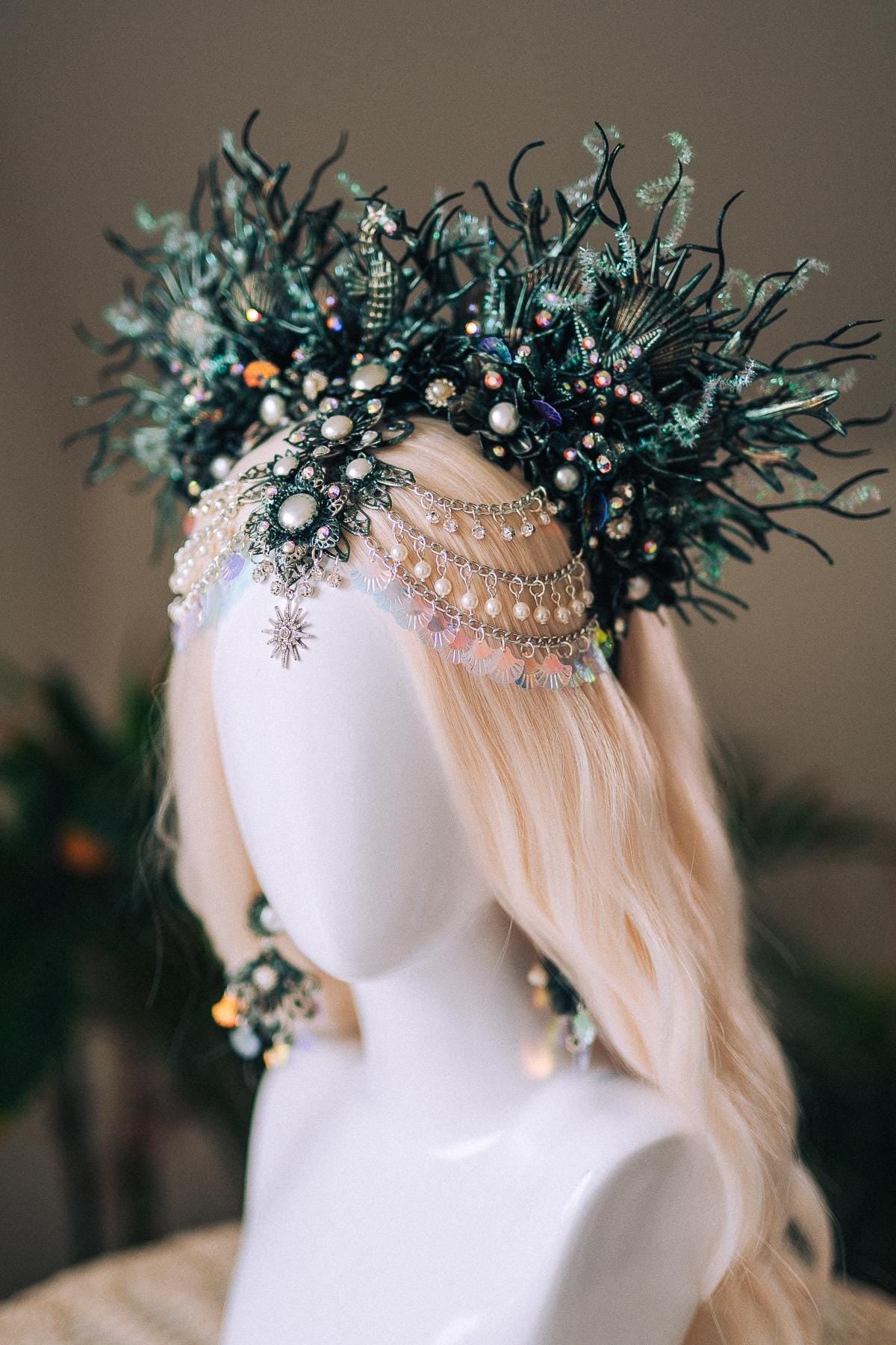 Mermaid Siren Halo Crown Iridescent Green Pearls Sea Goddess Headpiece Fantasy Costume Ocean Queen Tiara