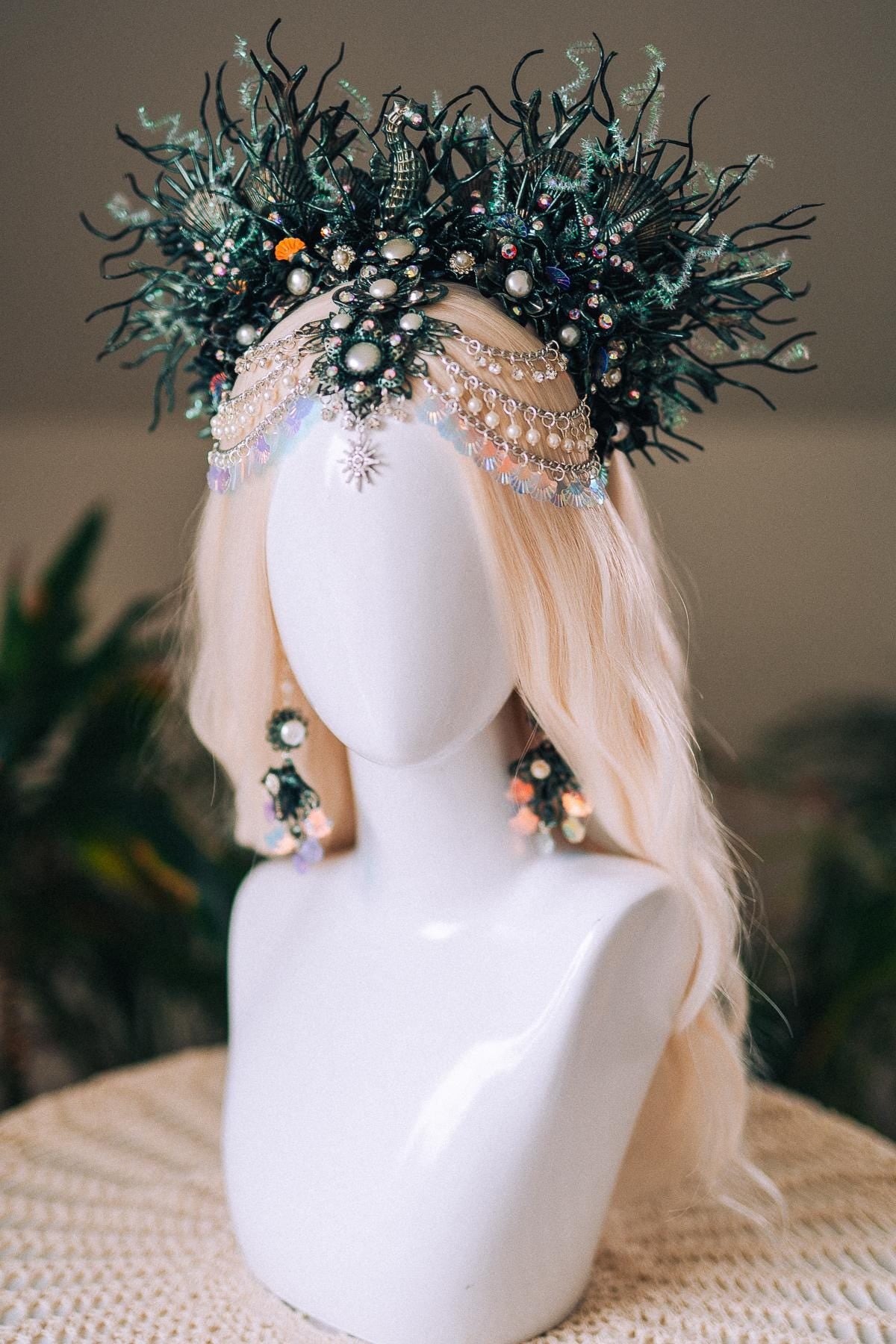 Mermaid Siren Halo Crown Iridescent Green Pearls Sea Goddess Headpiece Fantasy Costume Ocean Queen Tiara