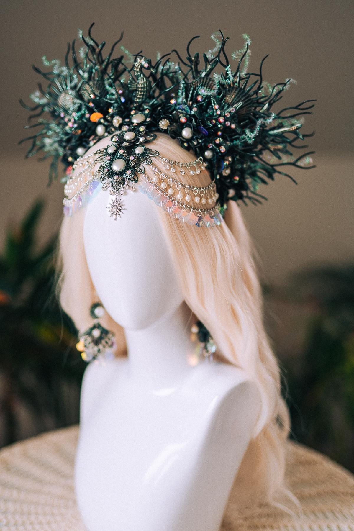 Mermaid Siren Halo Crown Iridescent Green Pearls Sea Goddess Headpiece Fantasy Costume Ocean Queen Tiara