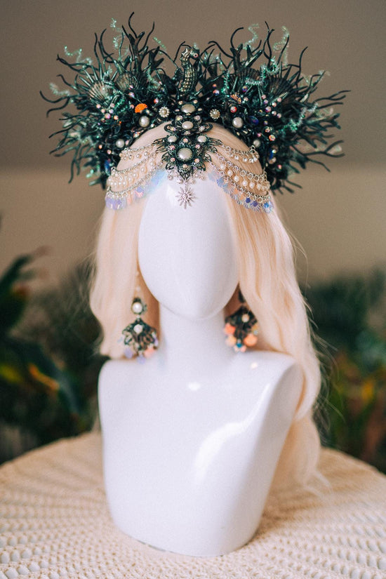 Mermaid Siren Halo Crown Iridescent Green Pearls Sea Goddess Headpiece Fantasy Costume Ocean Queen Tiara