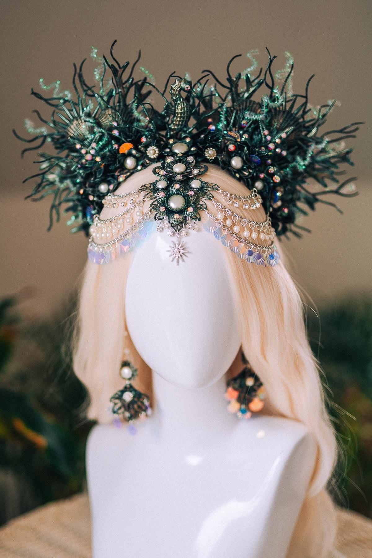 Mermaid Siren Halo Crown Iridescent Green Pearls Sea Goddess Headpiece Fantasy Costume Ocean Queen Tiara