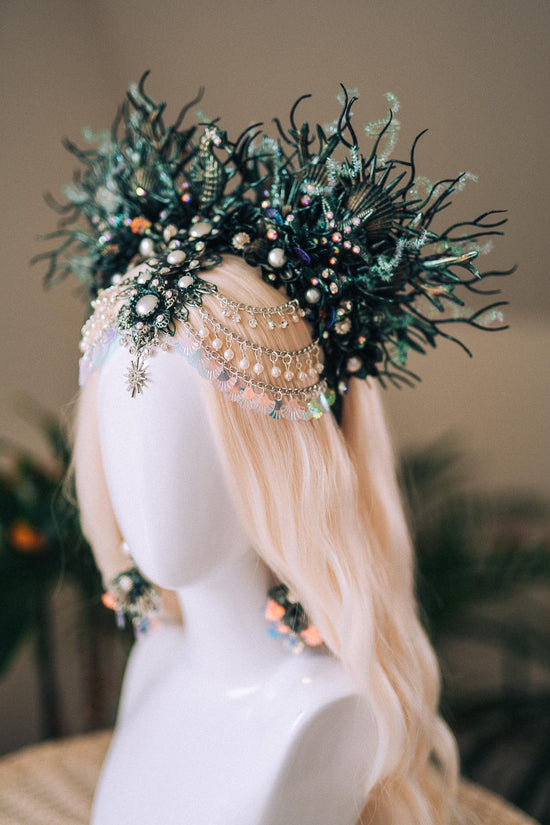 Mermaid Siren Halo Crown Iridescent Green Pearls Sea Goddess Headpiece Fantasy Costume Ocean Queen Tiara