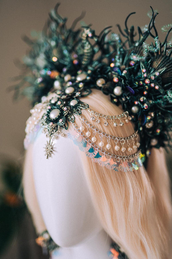 Mermaid Siren Halo Crown Iridescent Green Pearls Sea Goddess Headpiece Fantasy Costume Ocean Queen Tiara