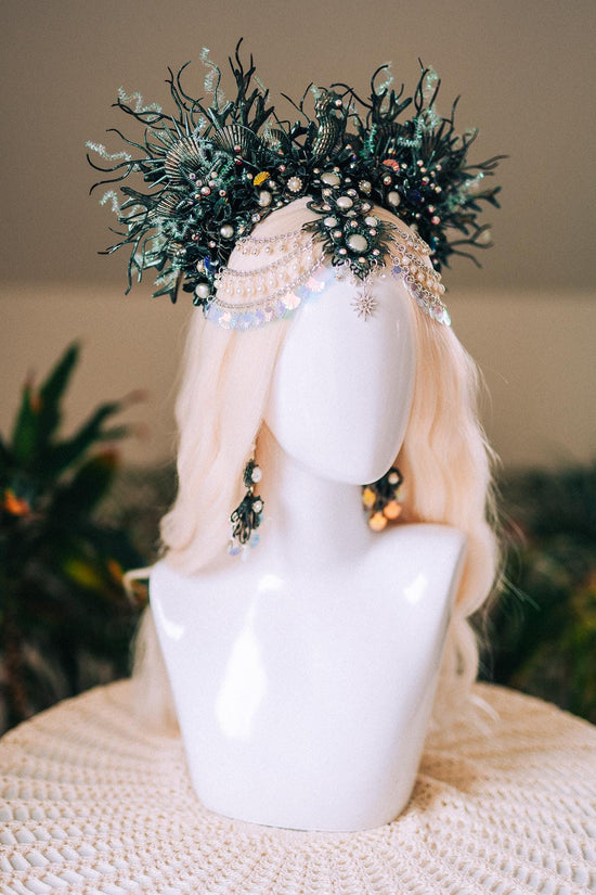 Mermaid Siren Halo Crown Iridescent Green Pearls Sea Goddess Headpiece Fantasy Costume Ocean Queen Tiara