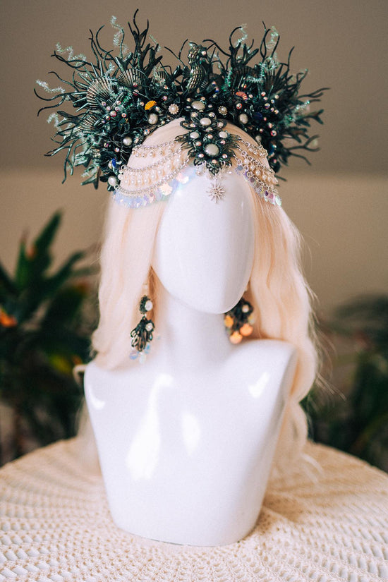 Mermaid Siren Halo Crown Iridescent Green Pearls Sea Goddess Headpiece Fantasy Costume Ocean Queen Tiara