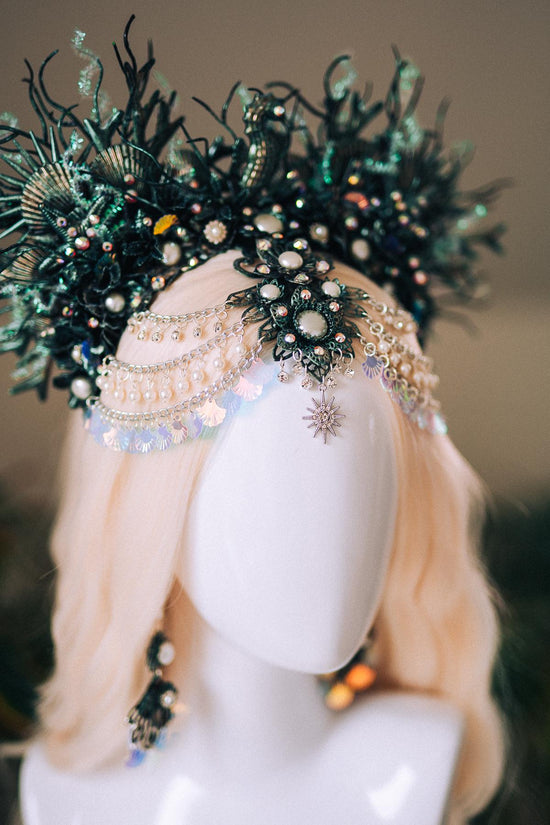Mermaid Siren Halo Crown Iridescent Green Pearls Sea Goddess Headpiece Fantasy Costume Ocean Queen Tiara