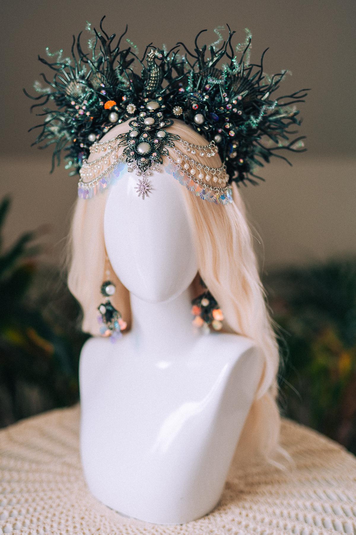 Mermaid Siren Earrings Iridescent Shells Sea Goddess Jewelry Ocean Fantasy Earrings Pearl Statement Festival Accessory