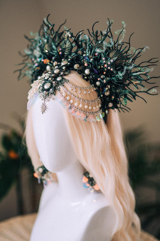 Mermaid Siren Earrings Iridescent Shells Sea Goddess Jewelry Ocean Fantasy Earrings Pearl Statement Festival Accessory