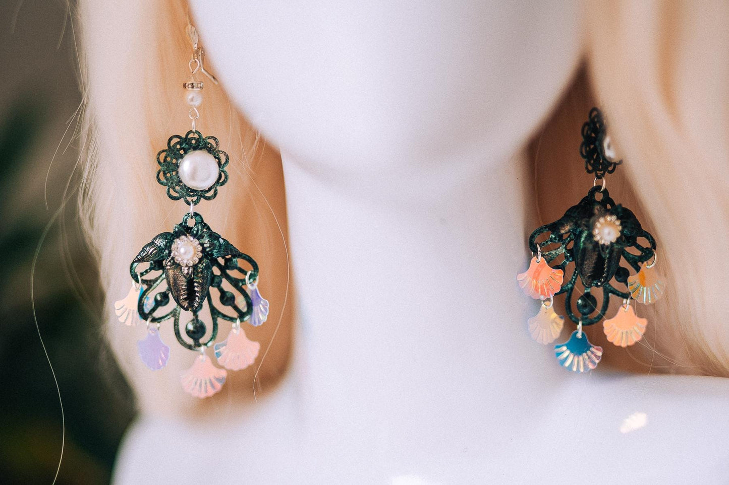 Mermaid Siren Earrings Iridescent Shells Sea Goddess Jewelry Ocean Fantasy Earrings Pearl Statement Festival Accessory