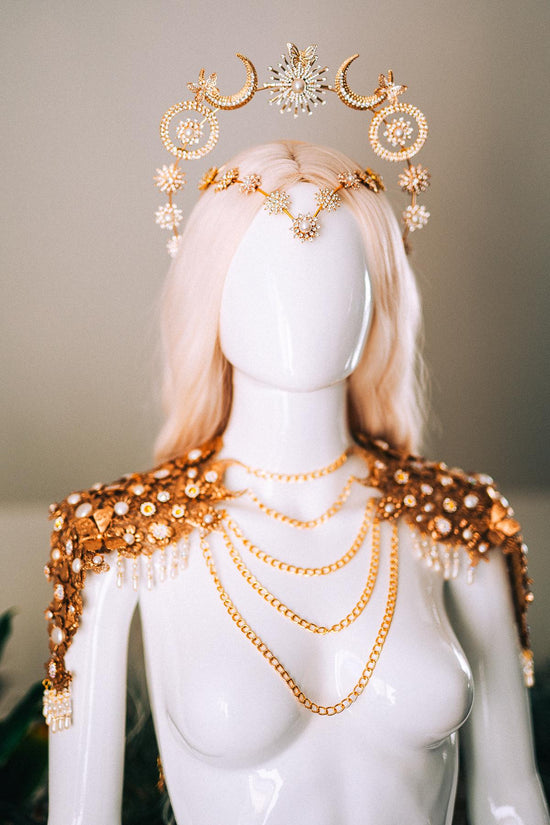 Celestial Butterfly Goddess Halo Crown Moon Star Sun Festival Headpiece Bridal Boho Wedding Gold Halo Crown