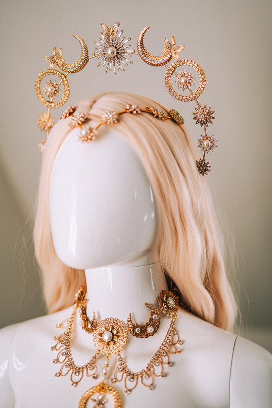 Celestial Butterfly Goddess Halo Crown Moon Star Sun Festival Headpiece Bridal Boho Wedding Gold Halo Crown