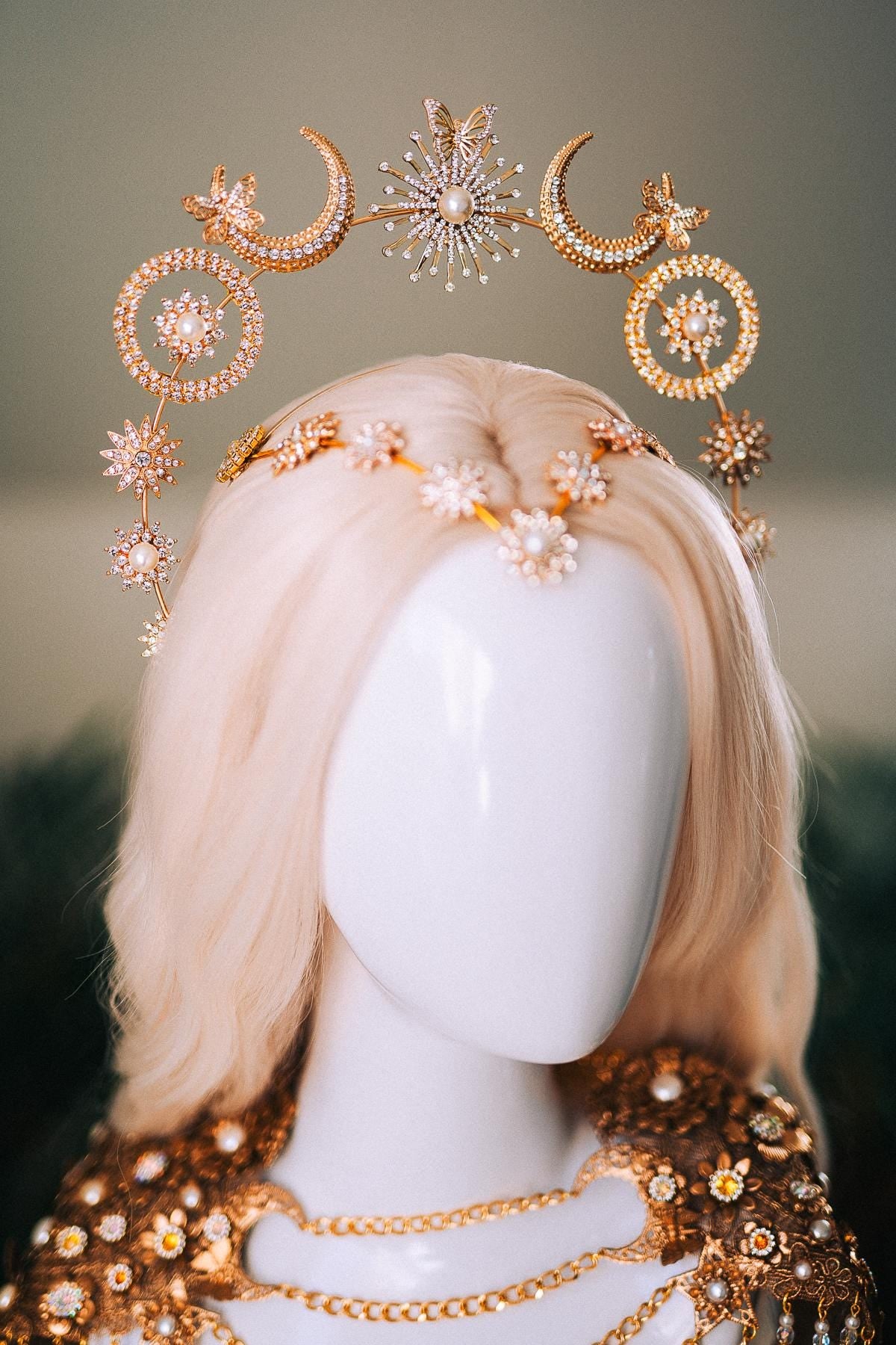 Celestial Butterfly Goddess Halo Crown Moon Star Sun Festival Headpiece Bridal Boho Wedding Gold Halo Crown