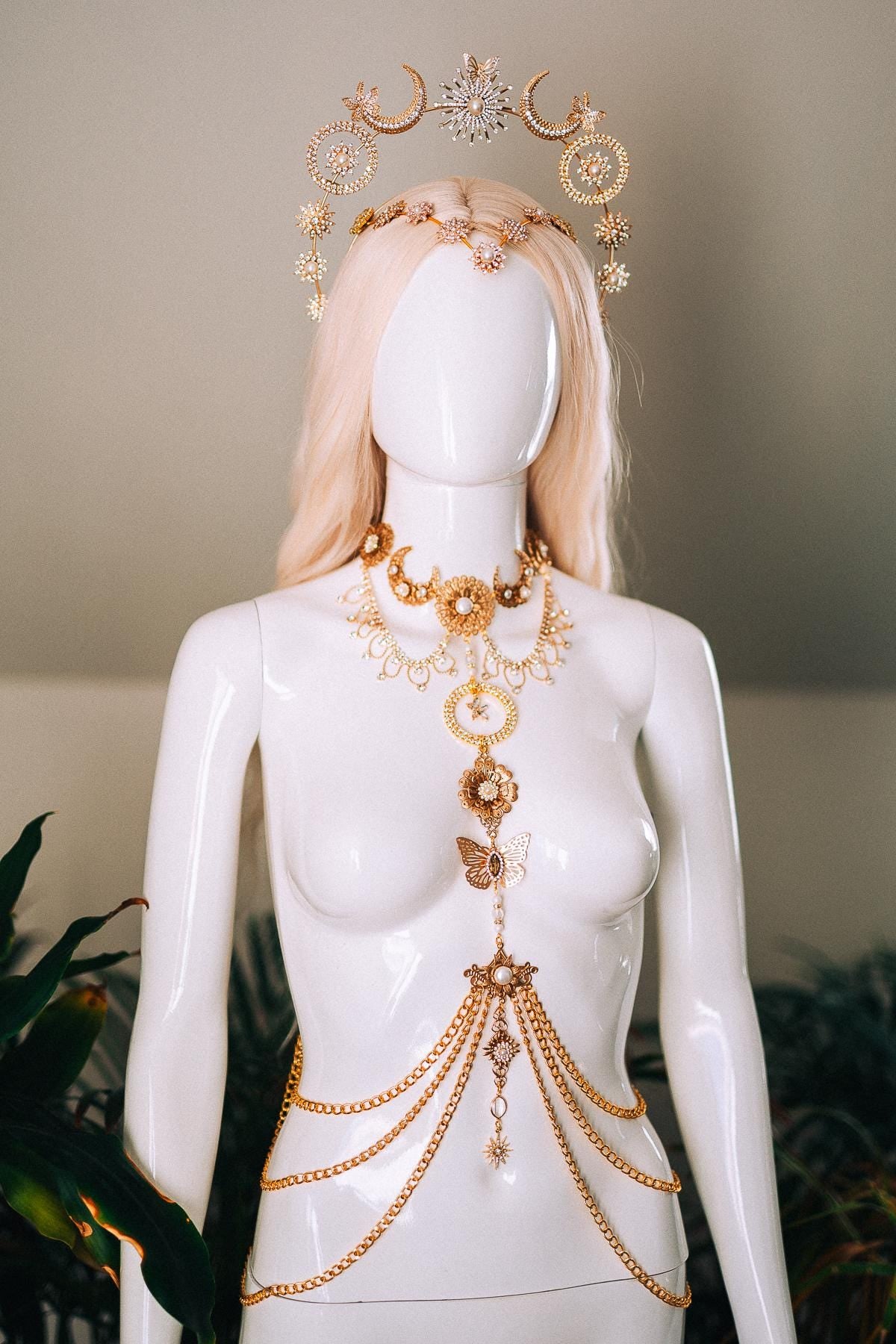 Celestial Butterfly Goddess Halo Crown Moon Star Sun Festival Headpiece Bridal Boho Wedding Gold Halo Crown