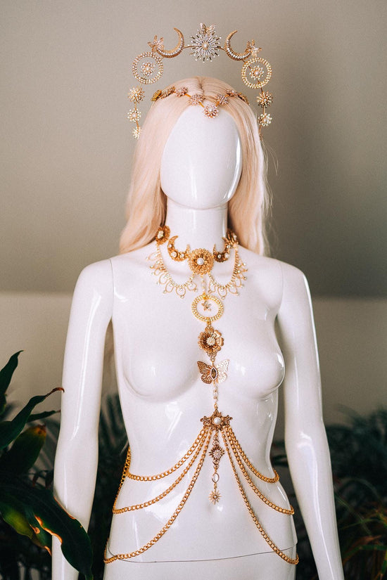 Celestial Butterfly Goddess Halo Crown Moon Star Sun Festival Headpiece Bridal Boho Wedding Gold Halo Crown