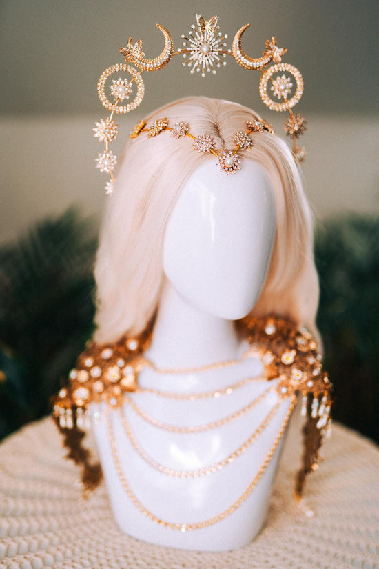 Celestial Butterfly Goddess Halo Crown Moon Star Sun Festival Headpiece Bridal Boho Wedding Gold Halo Crown