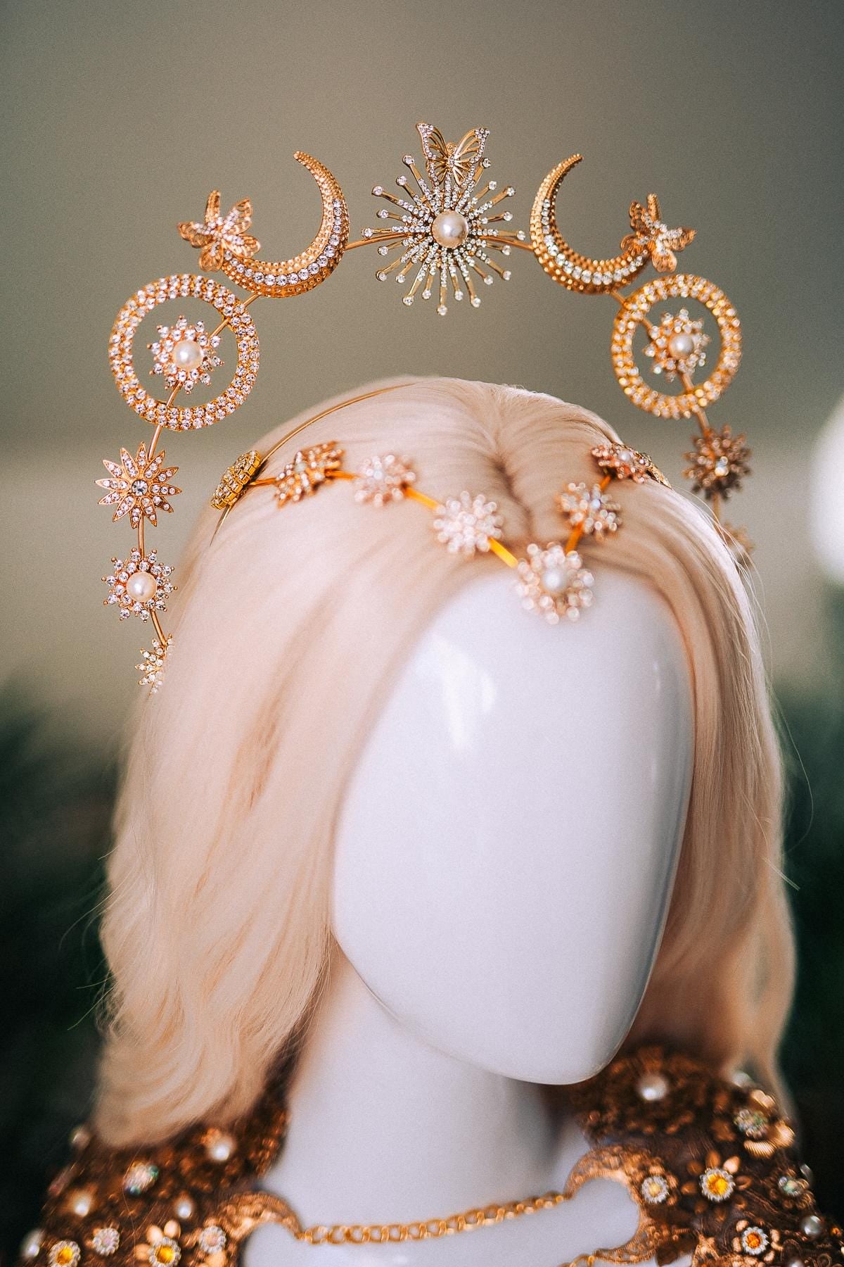 Celestial Butterfly Goddess Halo Crown Moon Star Sun Festival Headpiece Bridal Boho Wedding Gold Halo Crown