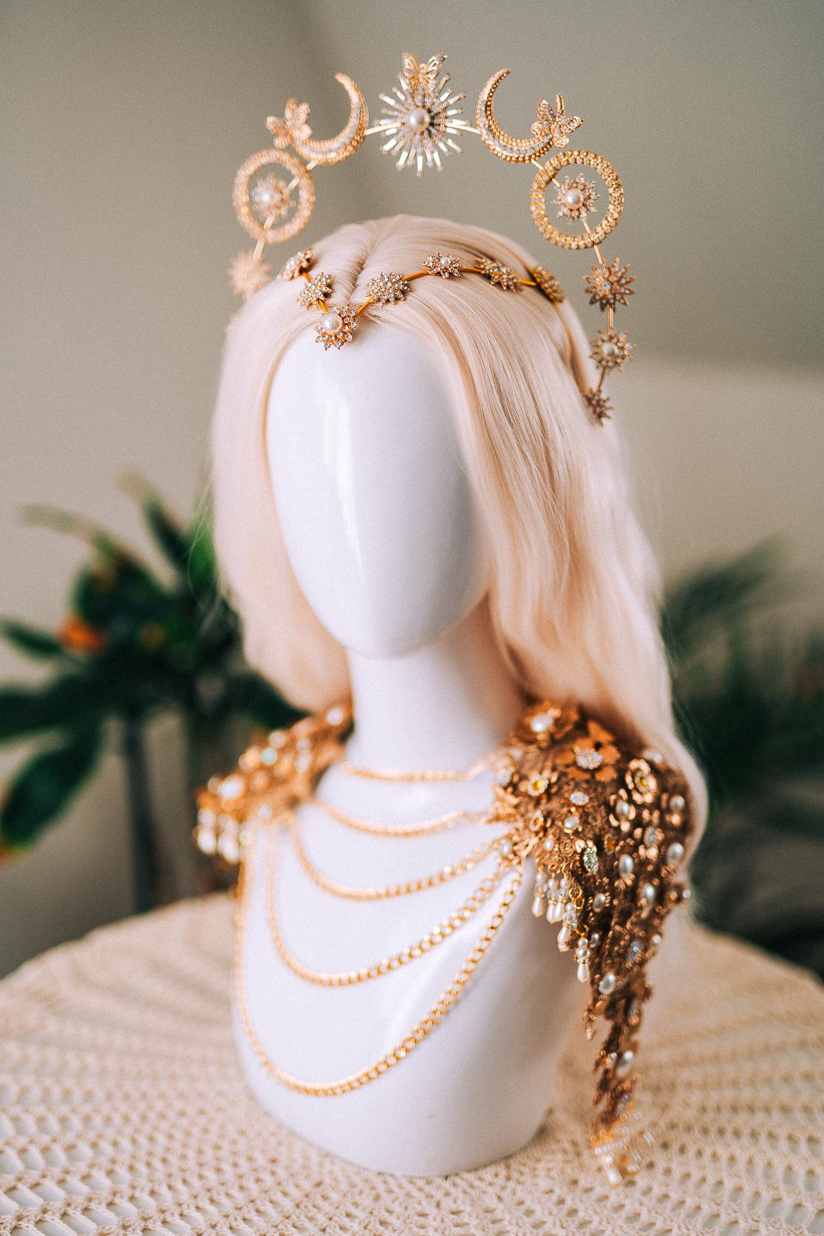 Celestial Butterfly Goddess Halo Crown Moon Star Sun Festival Headpiece Bridal Boho Wedding Gold Halo Crown