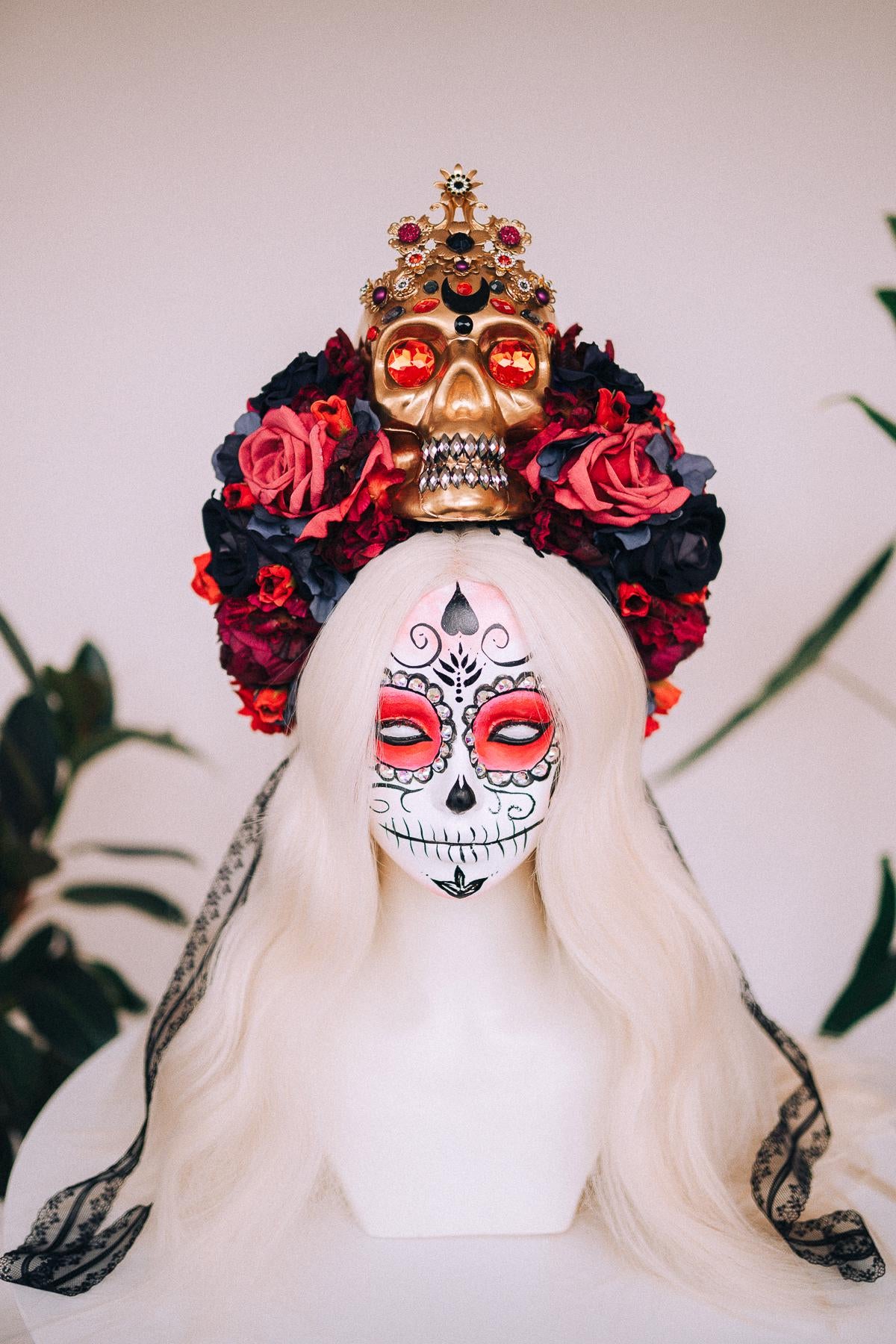 SALE La Catrina Crown, Día De Los Muertos Headdress, Colourful Skull Crown, Corona De Flores, Carnival Costume, Gothic Flower Headpiece
